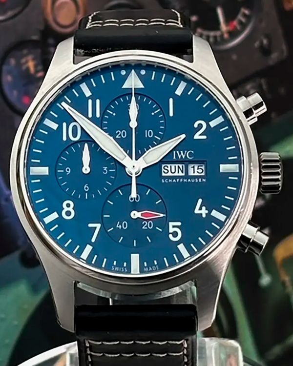 2024 IWC Schaffhausen Pilot Chronograph 43MM Blue Dial Leather Strap (IW378003)