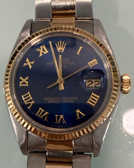 1980 Rolex Oyster Perpetual Date 34MM Aftermarket Blue Dial Two-Tone Oyster Bracelet (1505)