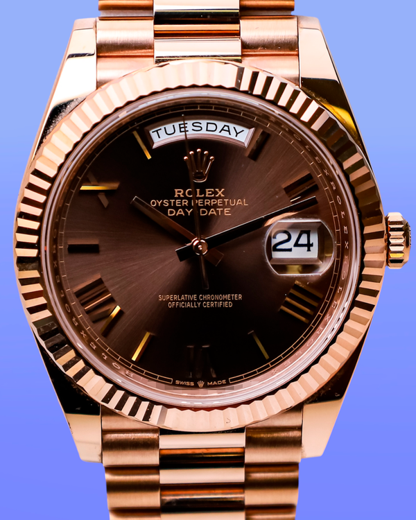 2023 Rolex Day-Date 40MM Chocolate Dial Rose Gold President Bracelet (228235)