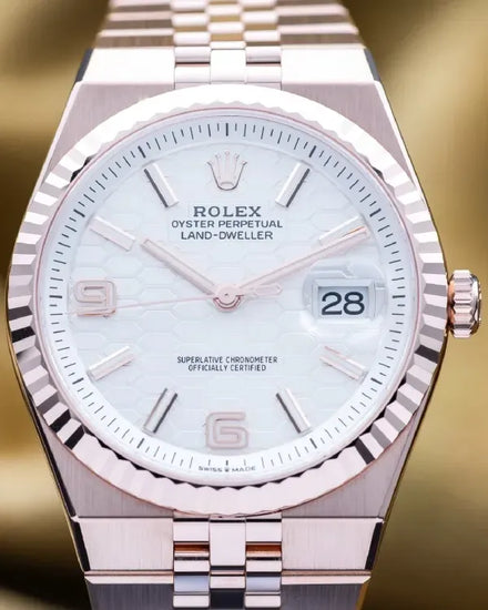 2026 Rolex Land-Dweller 40MM White "Honeycomb" Dial Rose Gold Flat Jubilee Bracelet (127335)