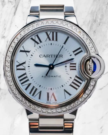 2022 Cartier Ballon Bleu 33MM Ice Blue Dial Steel Bracelet (W4BB0028)