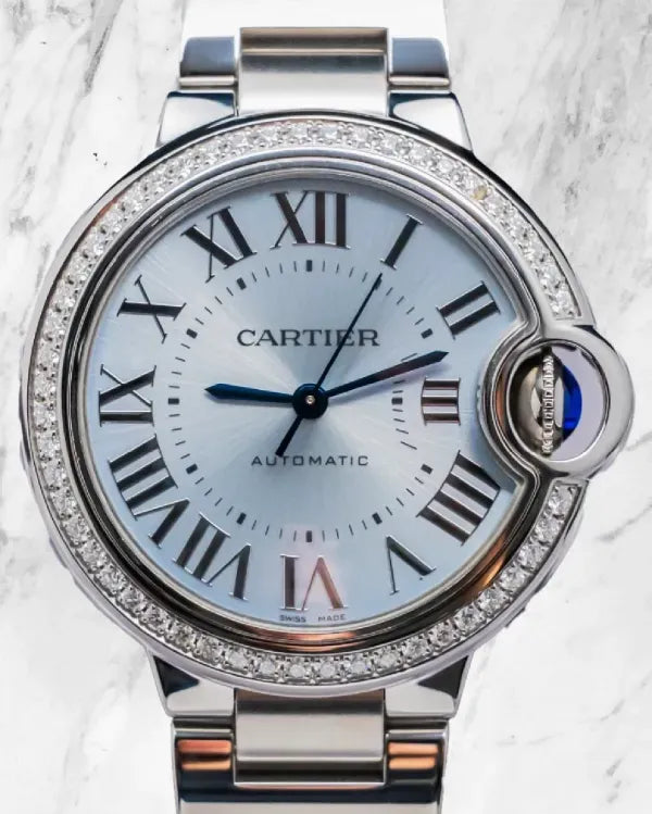2022 Cartier Ballon Bleu 33MM Ice Blue Dial Steel Bracelet (W4BB0028)