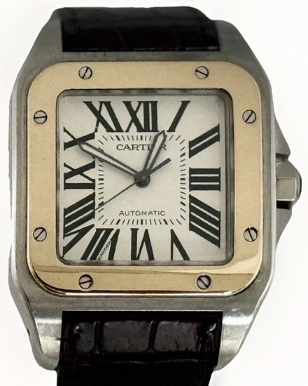 Cartier Santos 100 De Cartier 38MM White Dial Leather Strap (W20072X7)