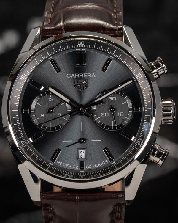 No Reserve - Tag Heuer Carrera 42MM Grey Dial Leather Strap (CBN2012.FC6483)