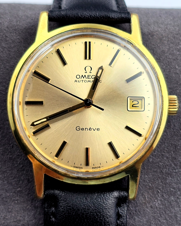 1974 Omega Geneve Vintage 35MM Champagne Dial Aftermarket Leather Strap (166.0163)