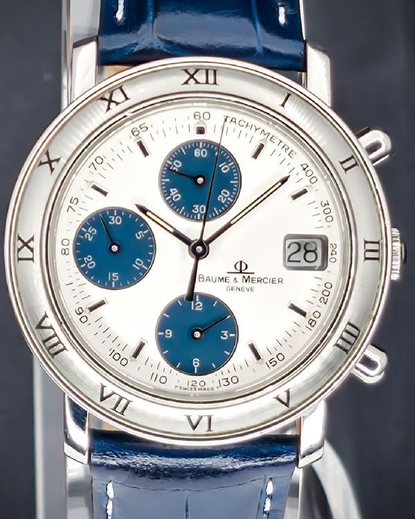 No Reserve - Baume & Mercier Baumatic Transpacific Chronograph 37MM White Dial Aftermarket Leather Strap (6104.000.2)