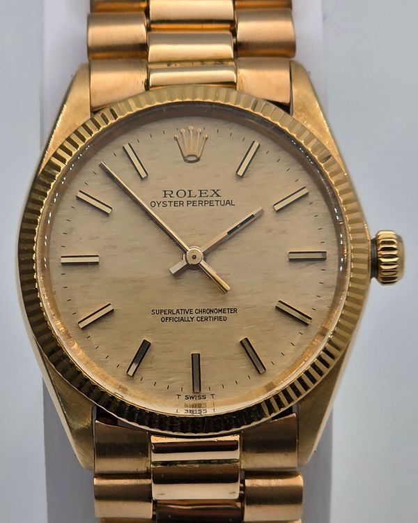 Rolex Oyster Perpetual 34MM Champagne "Linen" Dial Yellow Gold President Bracelet (1005)