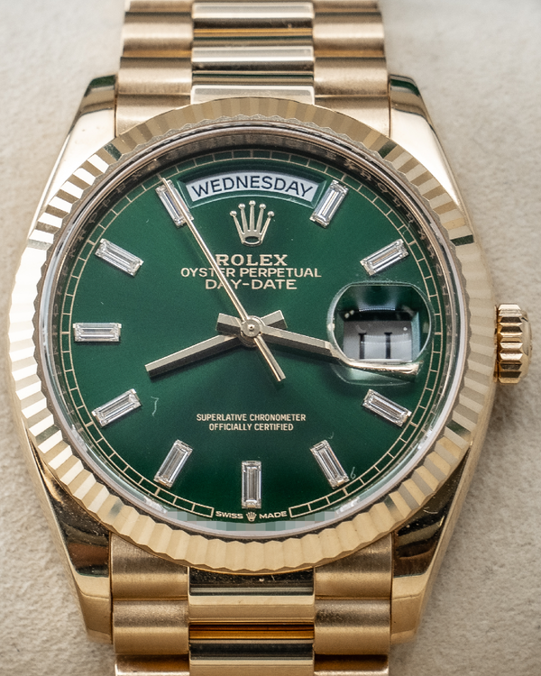 2025 Rolex Day-Date 36MM Green Dial President Yellow Gold Bracelet (128238)