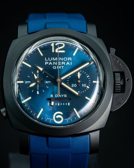 2021 Panerai Luminor 1950 8 Days Chrono Monopulsante GMT L.E. 44MM Blue "Blu Notte" Dial Aftermarket Rubber Strap (PAM01135)