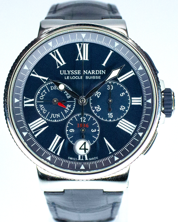 Ulysse Nardin Marine Chronograph Annual Calendar 43MM Blue Dial Leather Strap (1533-150/43)