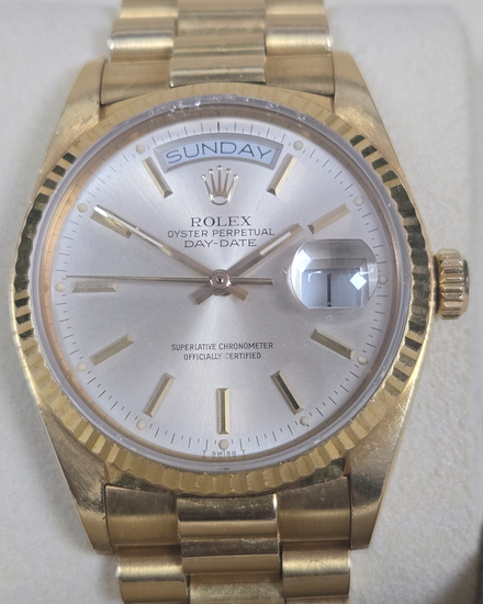 1985 Rolex Day-Date 36MM Silver Dial Yellow Gold President Bracelet (18038)