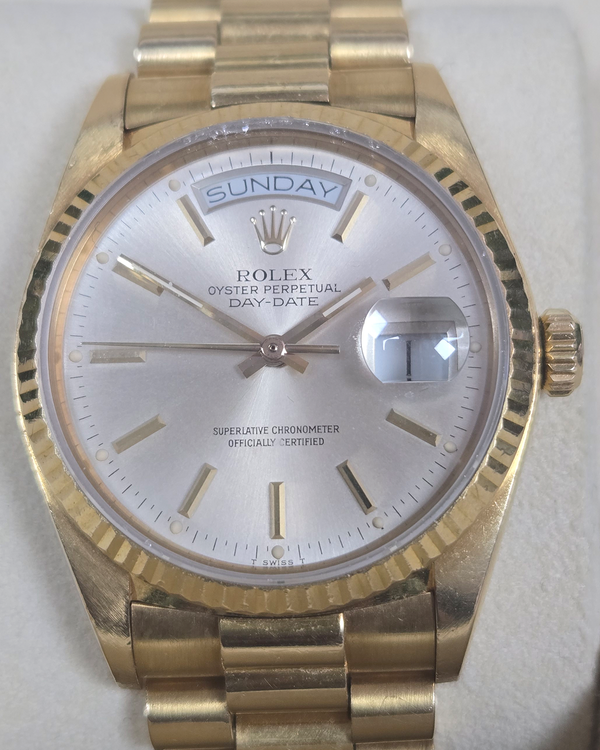 1985 Rolex Day-Date 36MM Silver Dial Yellow Gold President Bracelet (18038)