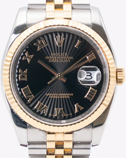 2005 Rolex Datejust 36MM Black "Sunbeam" Dial Two-Tone Super Jubilee Bracelet (116233)
