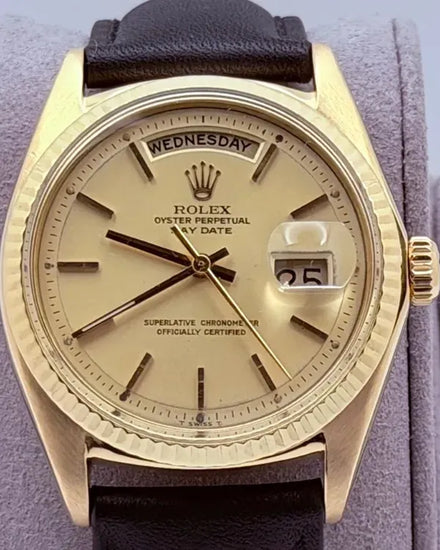 1971 Rolex Day-Date 36MM Champagne "Pie Pan" Dial Aftermarket Leather Strap (1803)