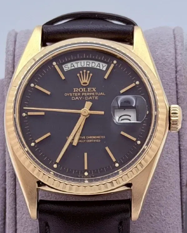 1971 (2.7 Mill. Serial) Rolex Day-Date 36MM Black Dial Aftermarket Leather Strap (1803)