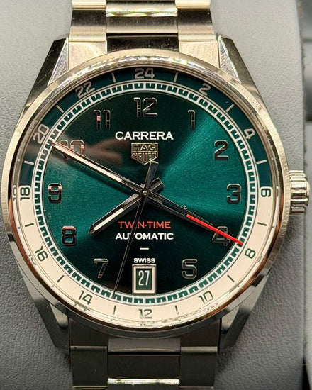 2024 Tag Heuer Carrera Date Twin-Time 41MM Green Dial Steel Bracelet (WDA2114.BA0043)