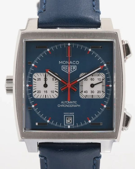 2020 Tag Heuer Monaco Chronograph "Steve McQueen" 39MM Blue Dial Aftermarket Leather Strap (CAW211P.FC6356)