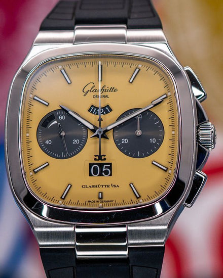 2023 Glashütte Original Seventies Panorama Chronograph "Golden Bay" L. E. 40MM Yellow Dial Rubber Strap (1-37-02-14-02-63)