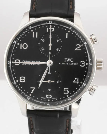 No Reserve - 2002 IWC Schaffhausen Portugieser Chronograph 41MM Black Dial Leather Strap (IW371609)