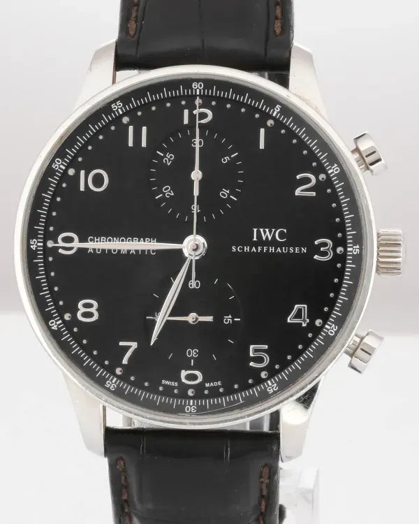 No Reserve - 2002 IWC Schaffhausen Portugieser Chronograph 41MM Black Dial Leather Strap (IW371609)
