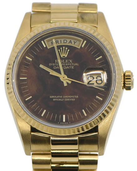 1986 Rolex Day-Date 36MM Wood Dial Yellow Gold President Bracelet (18038)