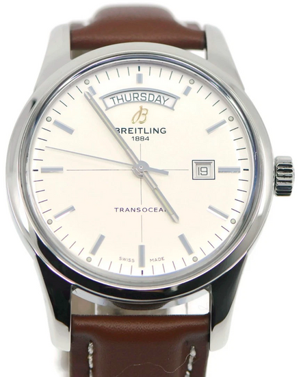 Breitling Transocean Day & Date 43MM Silver Dial Leather Strap (A45310)