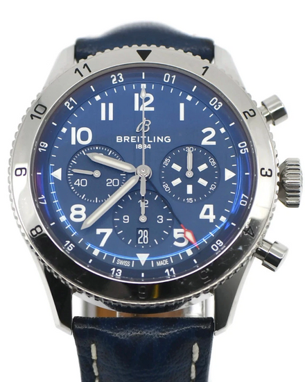 2025 Breitling Super Avi B04 Chronograph GMT 46MM Blue Dial Leather Strap (AB0445)