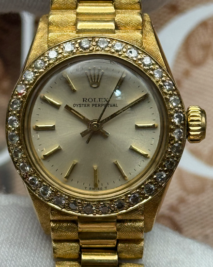 1977 Rolex Oyster Perpetual Lady 26MM Champagne Dial Yellow Gold "Bark" President Bracelet (6718)