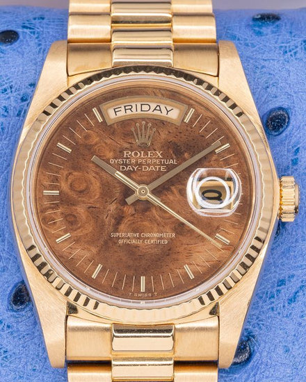 1982 Rolex Day-Date 36MM Burlwood Dial Yellow Gold President Bracelet (18038)