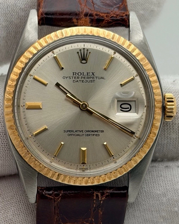 1971 Rolex Datejust 36MM Silver "Pie Pan" Dial Aftermarket Leather Strap (1601)