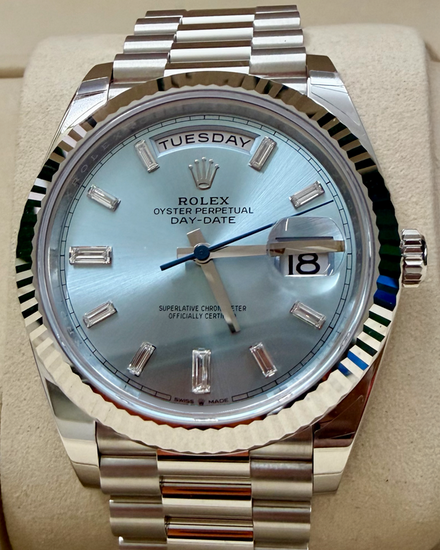 2026 Rolex Day-Date 40MM Ice Blue "Baguette" Dial Platinum President Bracelet (228236)