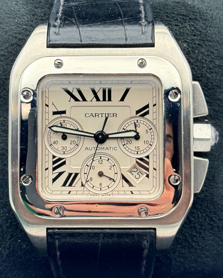 Cartier Santos 100 Chronograph 41MM White Dial Leather Strap (2740)