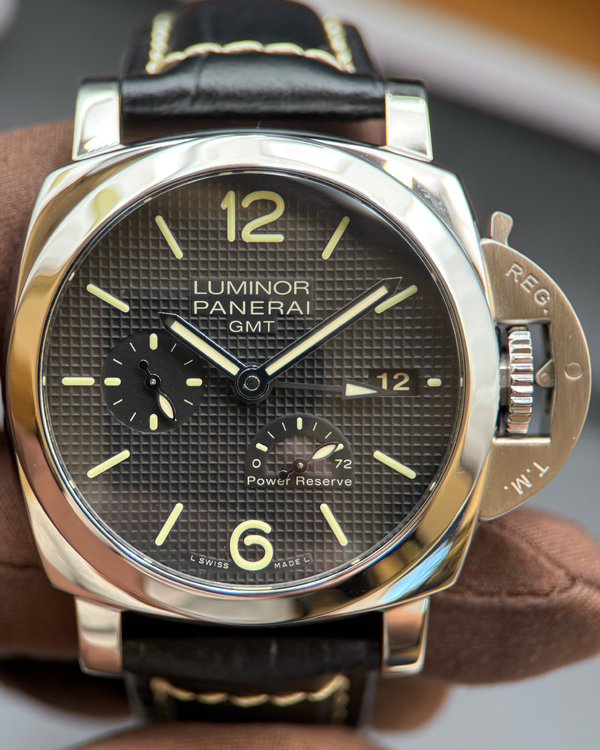 2012 Panerai Luminor 1950 3 Days GMT 42MM Black Dial Aftermarket Leather Strap (PAM00537)