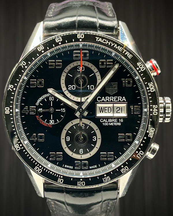 No Reserve - Tag Heuer Carrera Calibre 16 Day-Date 43MM Black Dial Steel Bracelet (CV2A1R)