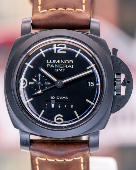 2012 Panerai Luminor 1950 10 Days GMT 44MM Black Dial Leather Strap (PAM00335)