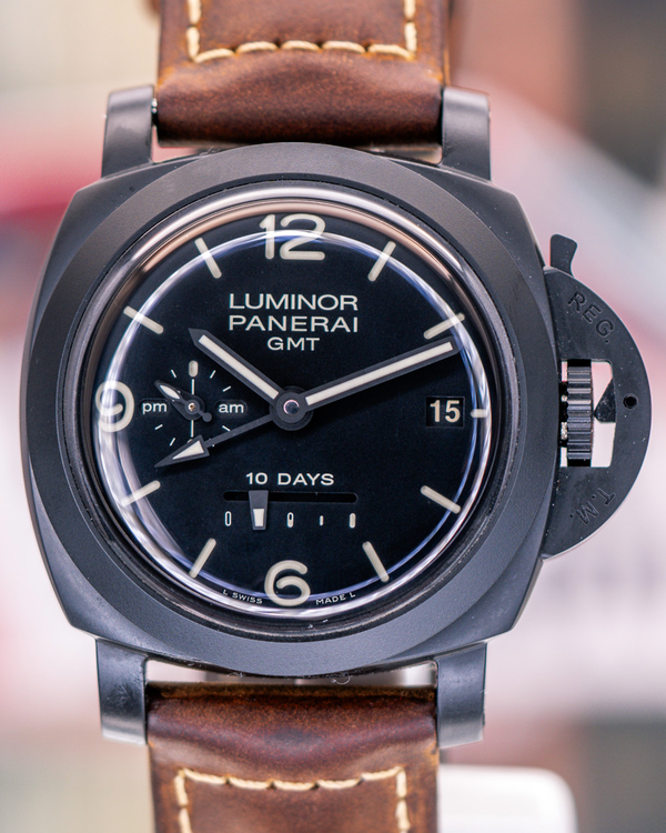 2012 Panerai Luminor 1950 10 Days GMT 44MM Black Dial Leather Strap (PAM00335)
