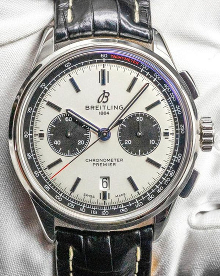 2023 Breitling Premier B01 Chronograph "Panda" 42MM Silver Dial Leather Strap (AB0118221G1P1)