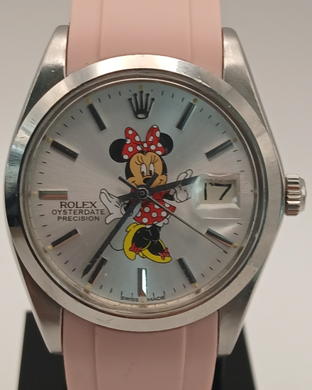 Rolex Oyster Precision Date "Minnie Mouse" 34MM Aftermarket Silver Dial Aftermarket Rubber Strap (6694)