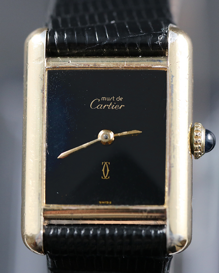Cartier Tank Must de Cartier 20MM Black Dial Aftermarket Leather Strap (Cal 78-1)