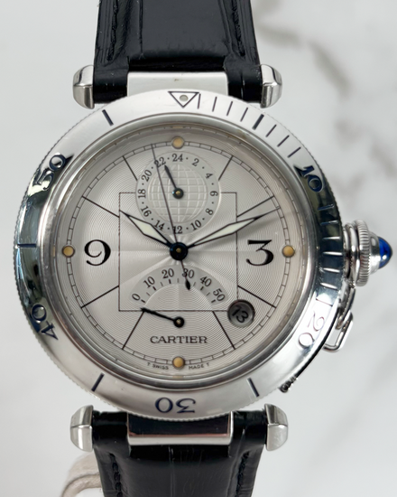 Cartier Pasha De Cartier GMT Power Reserve 38MM Silver Dial Leather Strap (2388)