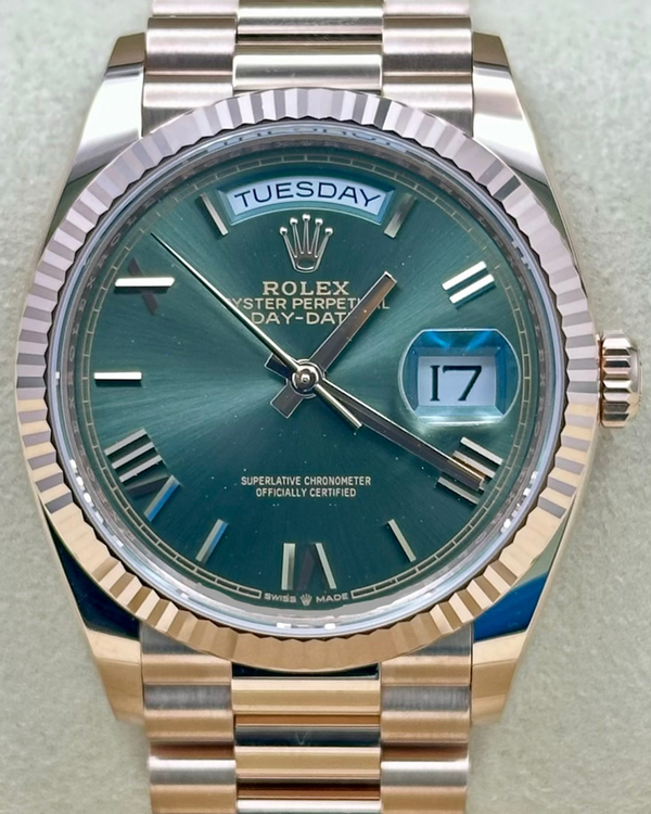 2025 Rolex Day-Date 36MM Green Dial Rose Gold President Bracelet (128235)