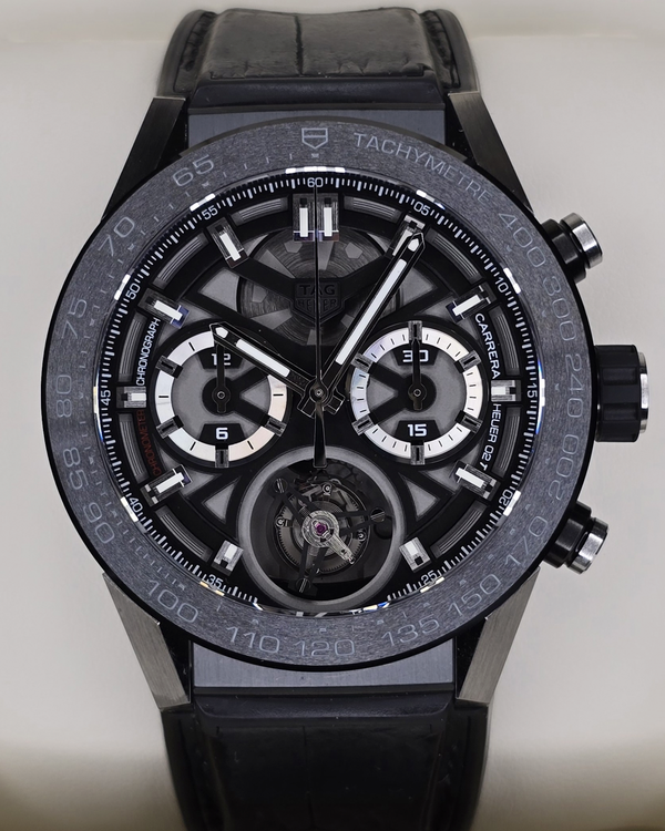2017 Tag Heuer Carrera Heuer-02T Tourbillion 45MM Skeleton Dial Leather Strap (CAR5A8Y.FC6377)