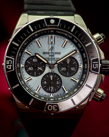 2024 Breitling Super Chronomat B01 44MM Ice Blue Dial Rubber Strap (PB0136251C1S1)