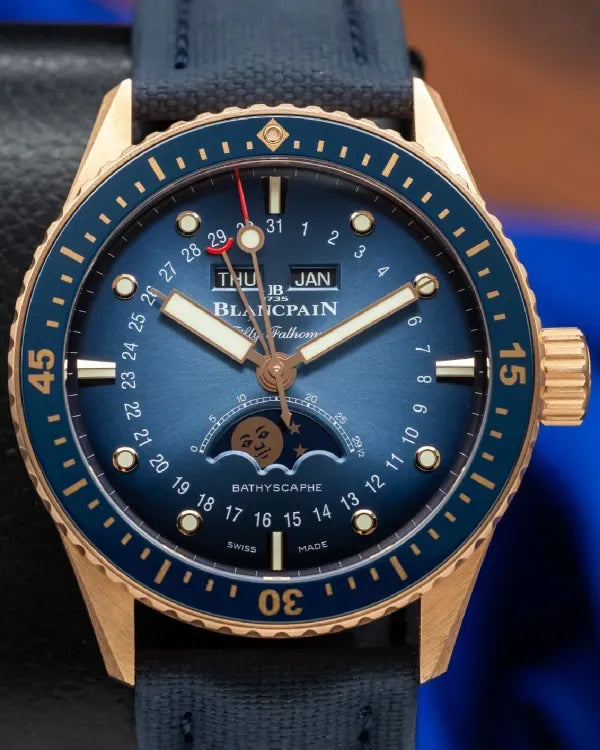 2022 Blancpain Fifty Fathoms Bathyscaphe Quantième Complet Phases de Lune 43MM Blue Dial Textile Strap (5054-3640-O52B)
