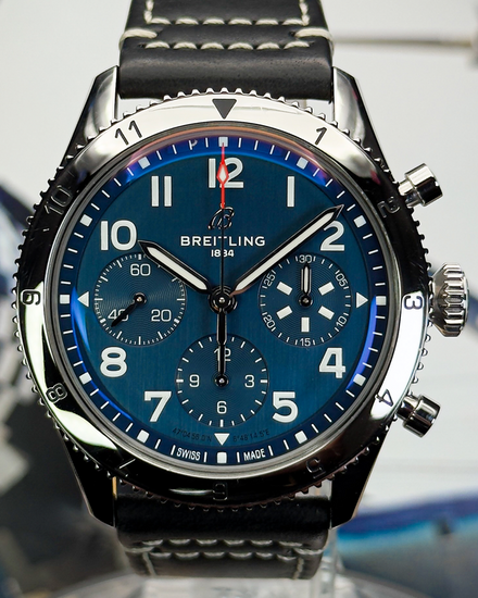 2025 Breitling Classic Avi Chronograph 42MM Blue Dial Leather Strap (A233801A1C1X1)