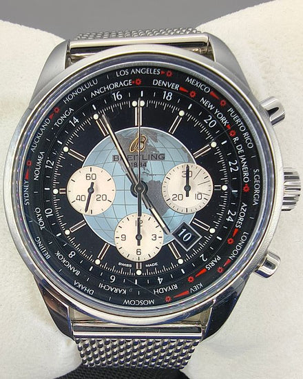 Breitling Transocean Chronograph Unitime 46MM Black Dial Steel Bracelet (AB0510)