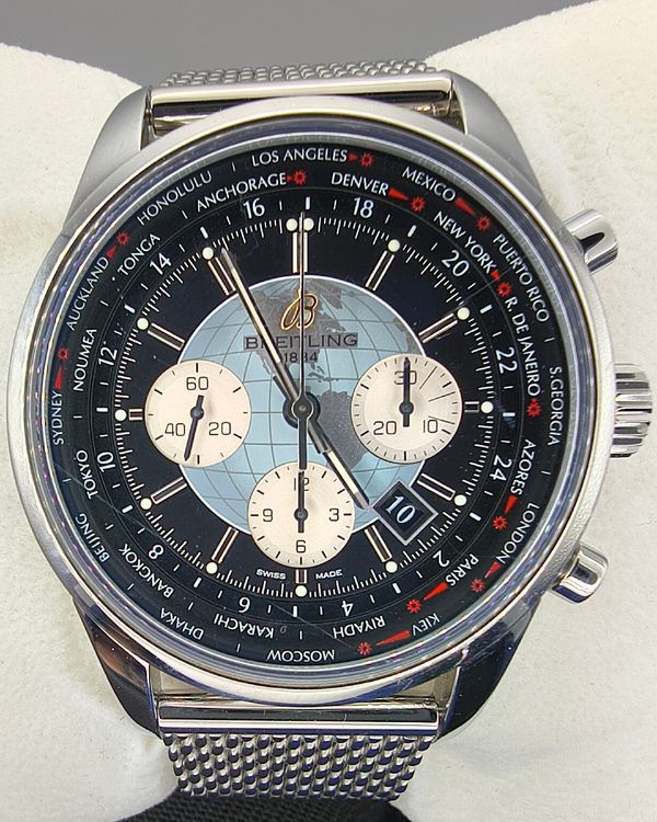 Breitling Transocean Chronograph Unitime 46MM Black Dial Steel Bracelet (AB0510)