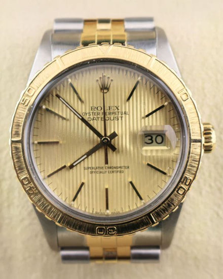 1987 (9.7 Mill. Serial) Rolex Datejust Turn-O-Graph "Bark Finish" 36MM Champagne "Tapestry" Dial Two-Tone Jubilee Bracelet (16253)