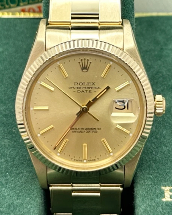 1986 Rolex Oyster Perpetual Date 34MM Champagne Dial Yellow Gold Oyster Bracelet (15037)