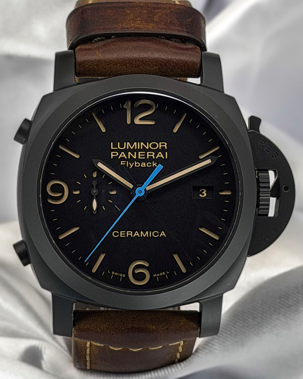 2018 Panerai Luminor 1950 3 Days Chrono Flyback 44MM Black Dial Leather Strap (PAM00580)